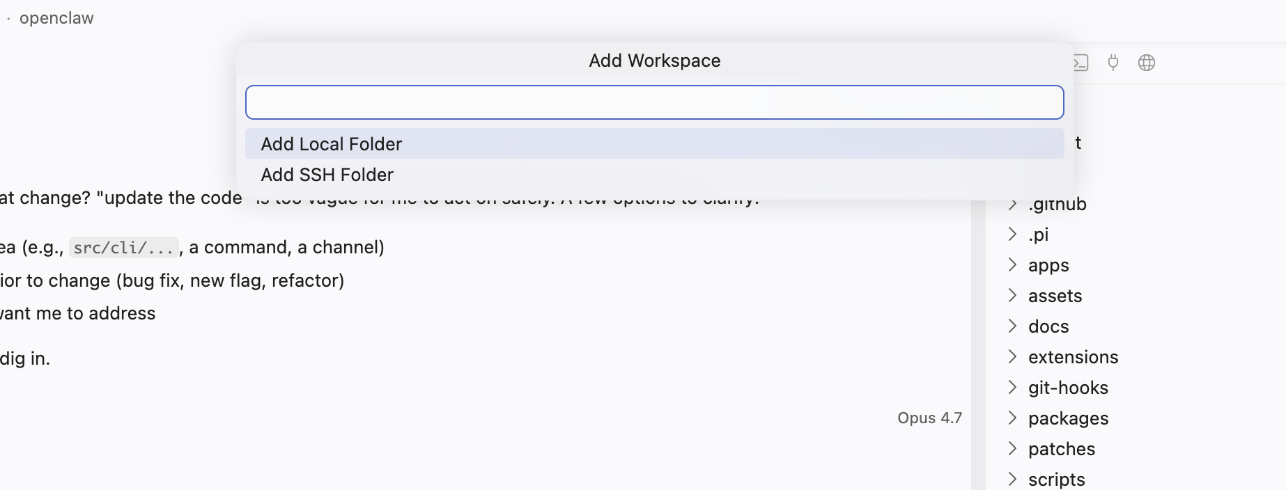 Add Workspace picker — Add Local Folder or Add SSH Folder