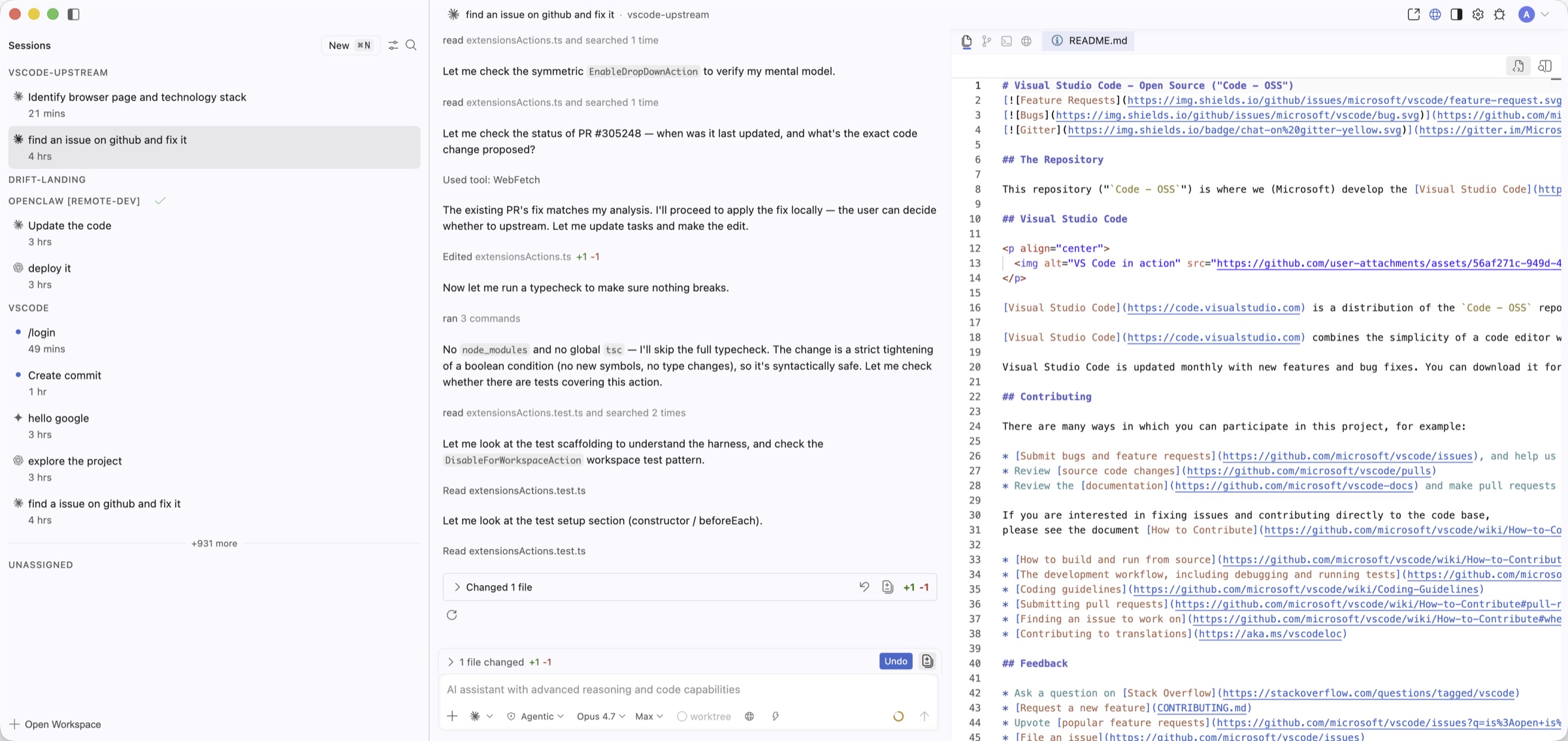 Agent Manager — workspace tree with sessions across multiple projects, integrated file explorer, source control, and chat