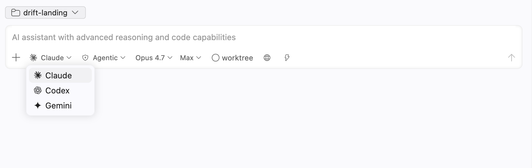Agent picker dropdown showing Claude, Codex, and Gemini as native options