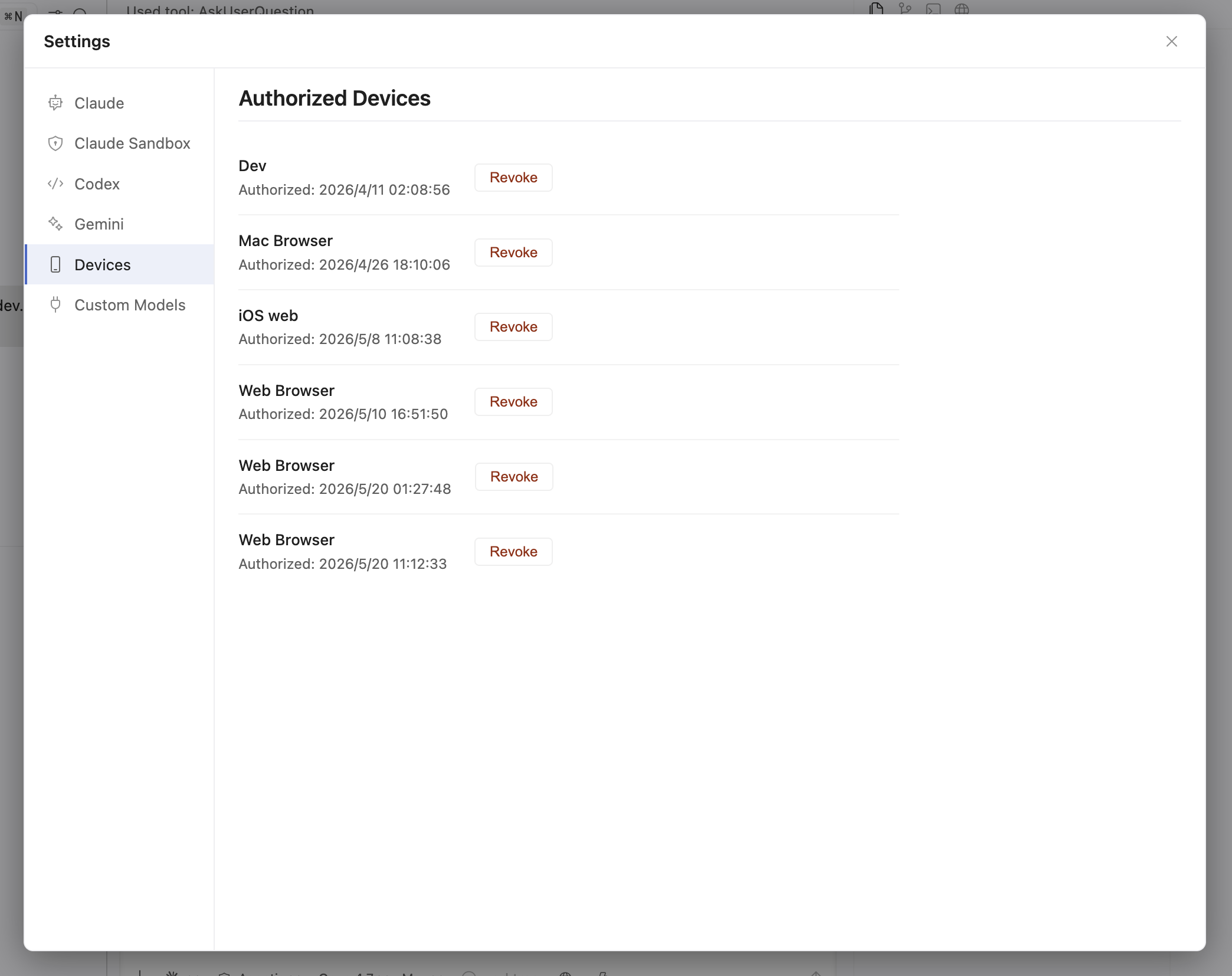 Authorized Devices panel — Mac, iOS web, Web Browser entries with revoke controls