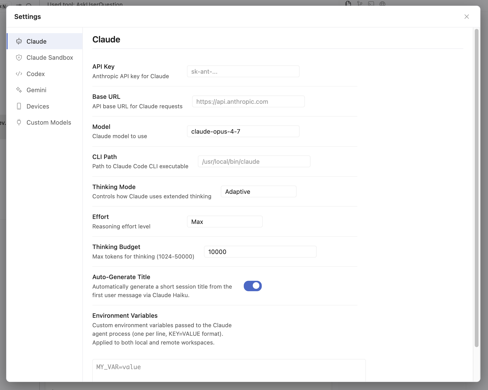 Drift settings dialog showing Claude, Codex, Gemini, Custom Models categories side by side